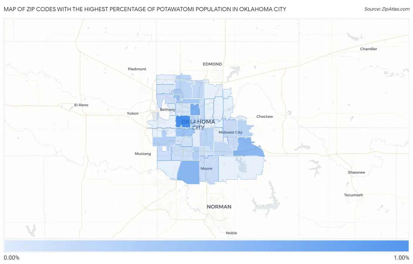 Zip Codes with the Highest Percentage of Potawatomi Population in Oklahoma City Map