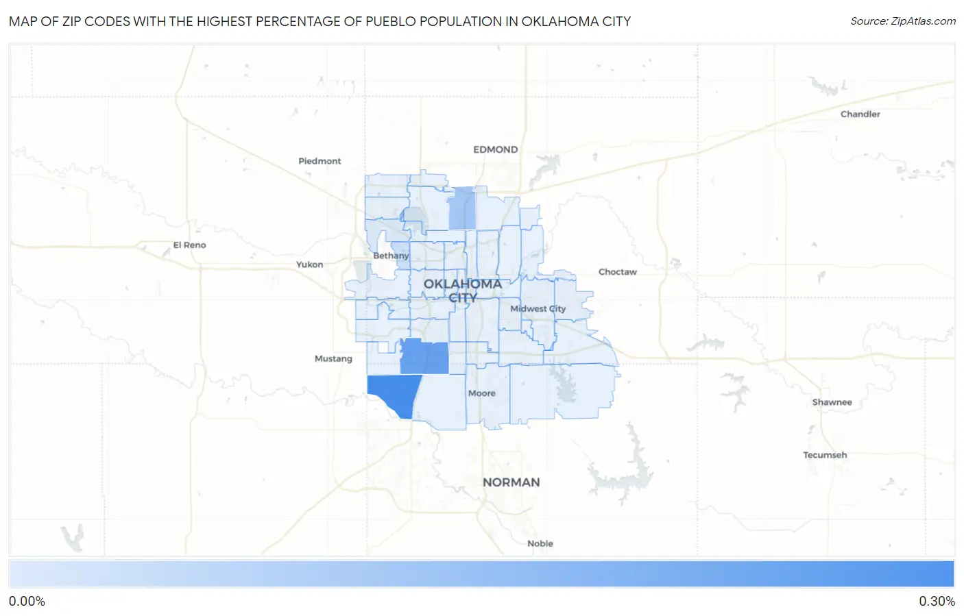 Zip Codes with the Highest Percentage of Pueblo Population in Oklahoma City Map