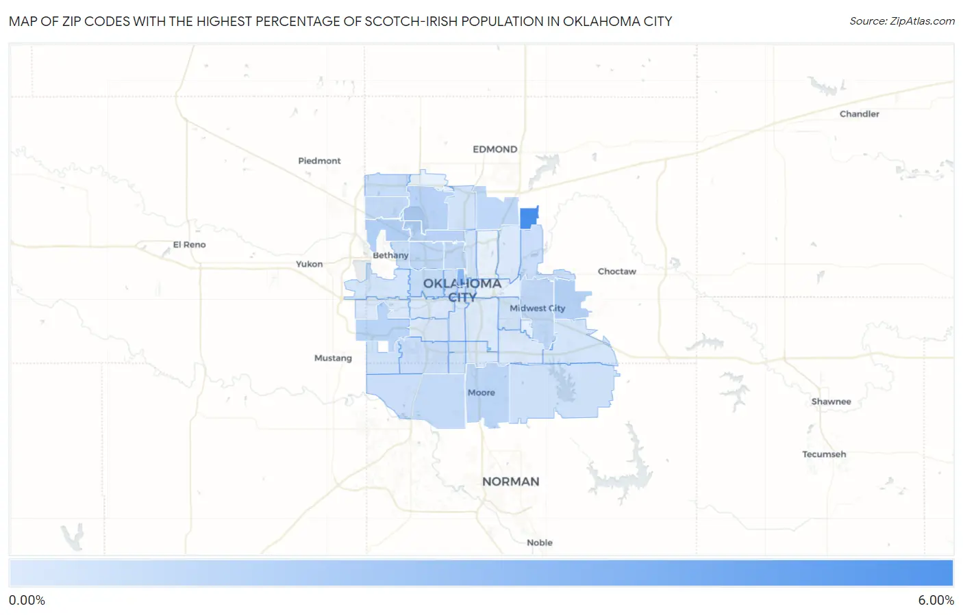 Zip Codes with the Highest Percentage of Scotch-Irish Population in Oklahoma City Map