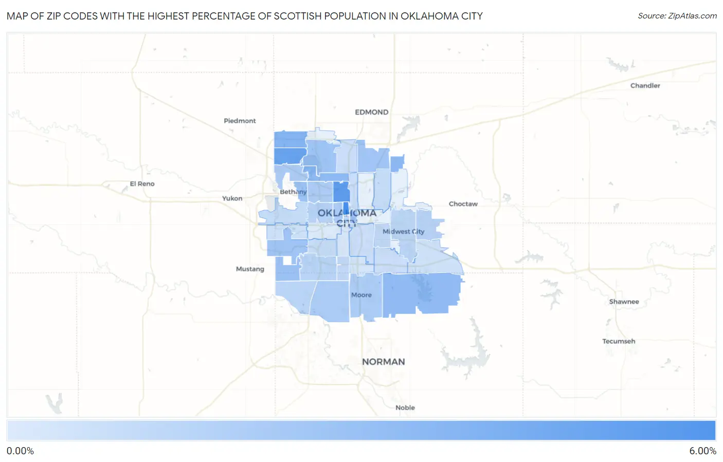 Zip Codes with the Highest Percentage of Scottish Population in Oklahoma City Map