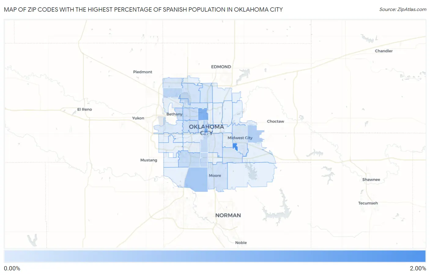 Zip Codes with the Highest Percentage of Spanish Population in Oklahoma City Map