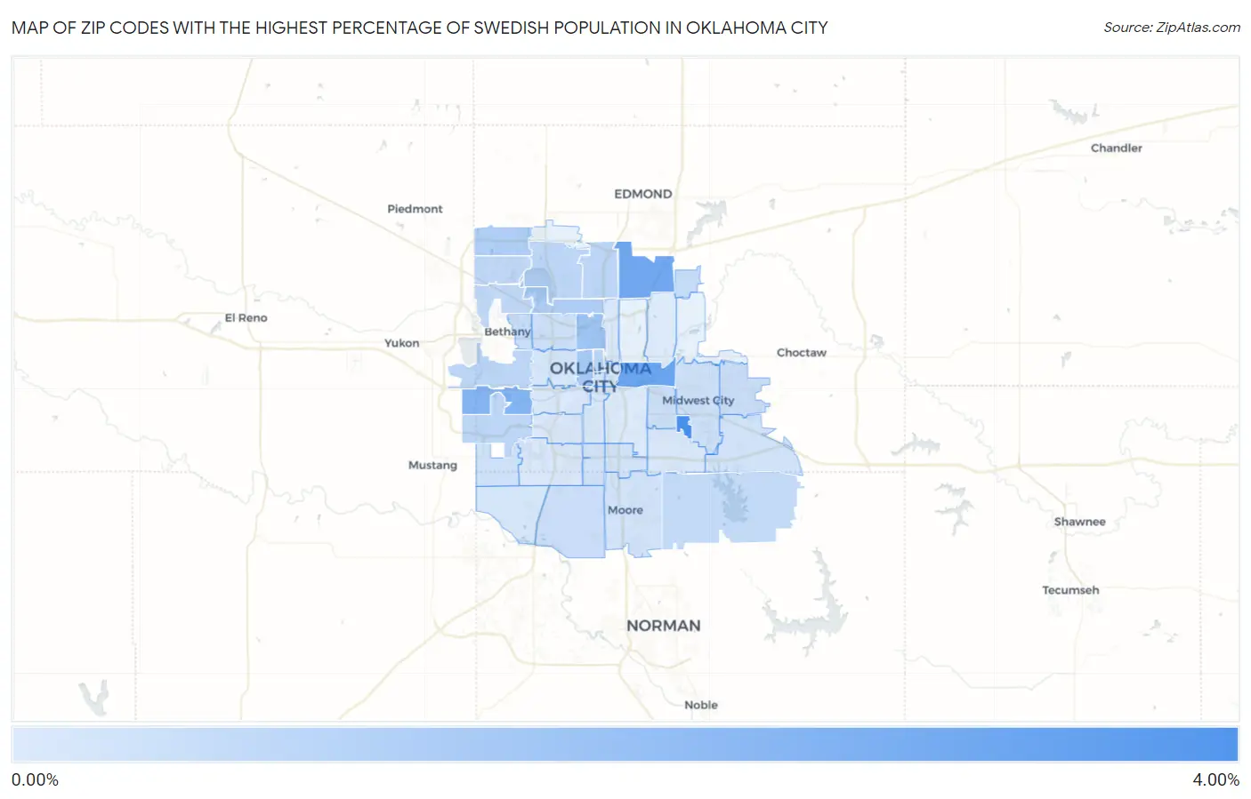 Zip Codes with the Highest Percentage of Swedish Population in Oklahoma City Map