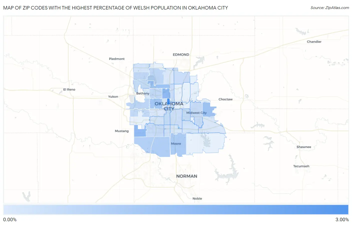 Zip Codes with the Highest Percentage of Welsh Population in Oklahoma City Map