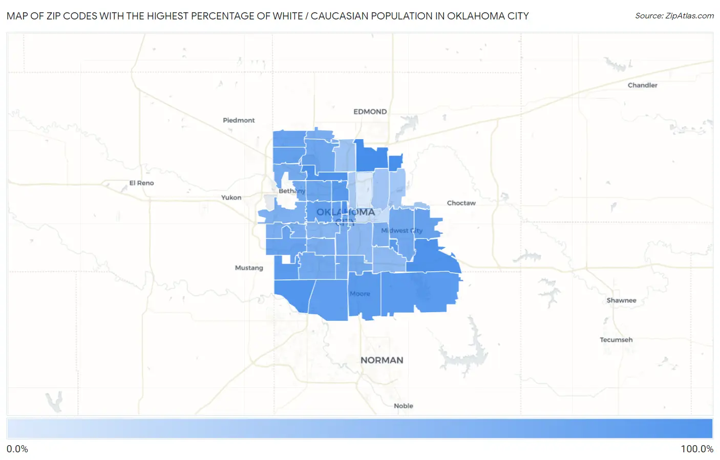 Zip Codes with the Highest Percentage of White / Caucasian Population in Oklahoma City Map
