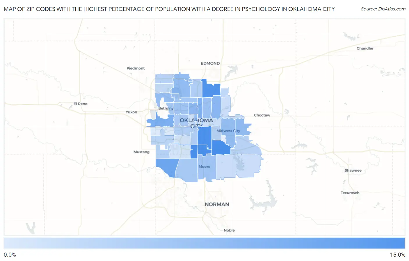 Zip Codes with the Highest Percentage of Population with a Degree in Psychology in Oklahoma City Map