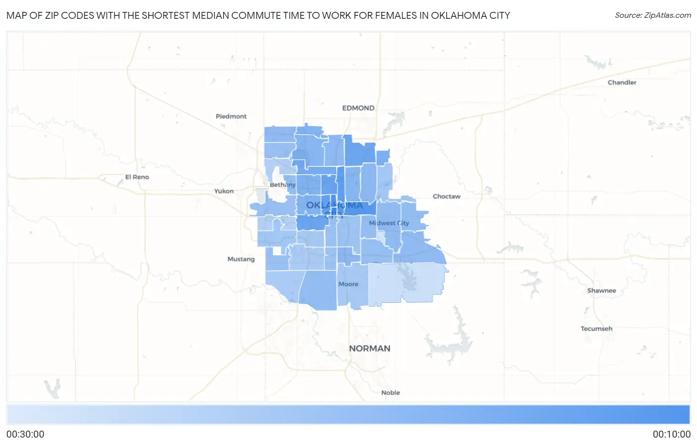 Zip Codes with the Shortest Median Commute Time to Work for Females in Oklahoma City Map