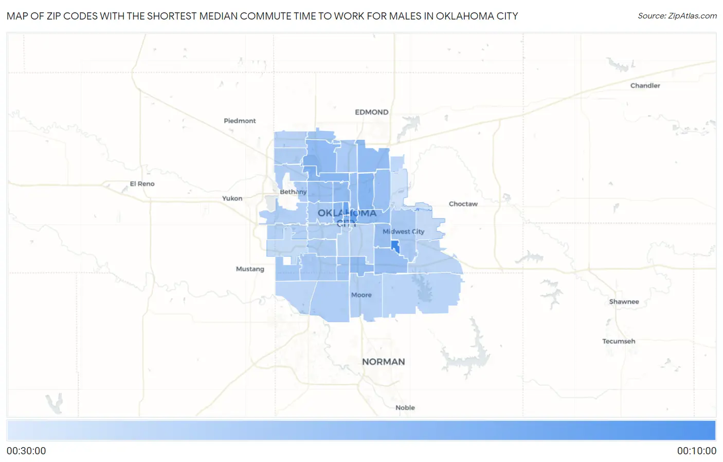 Zip Codes with the Shortest Median Commute Time to Work for Males in Oklahoma City Map
