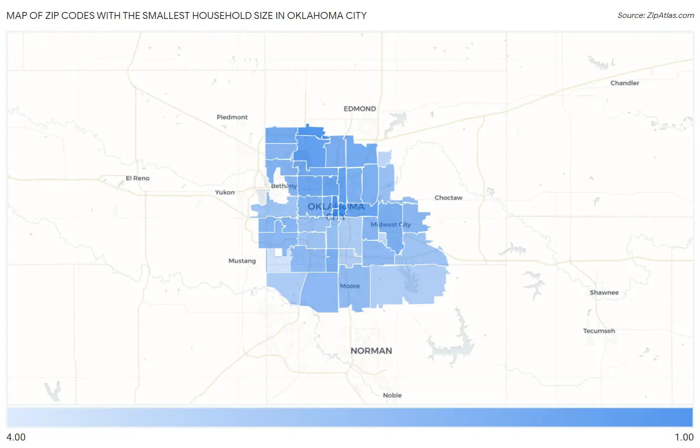 Zip Codes with the Smallest Household Size in Oklahoma City Map