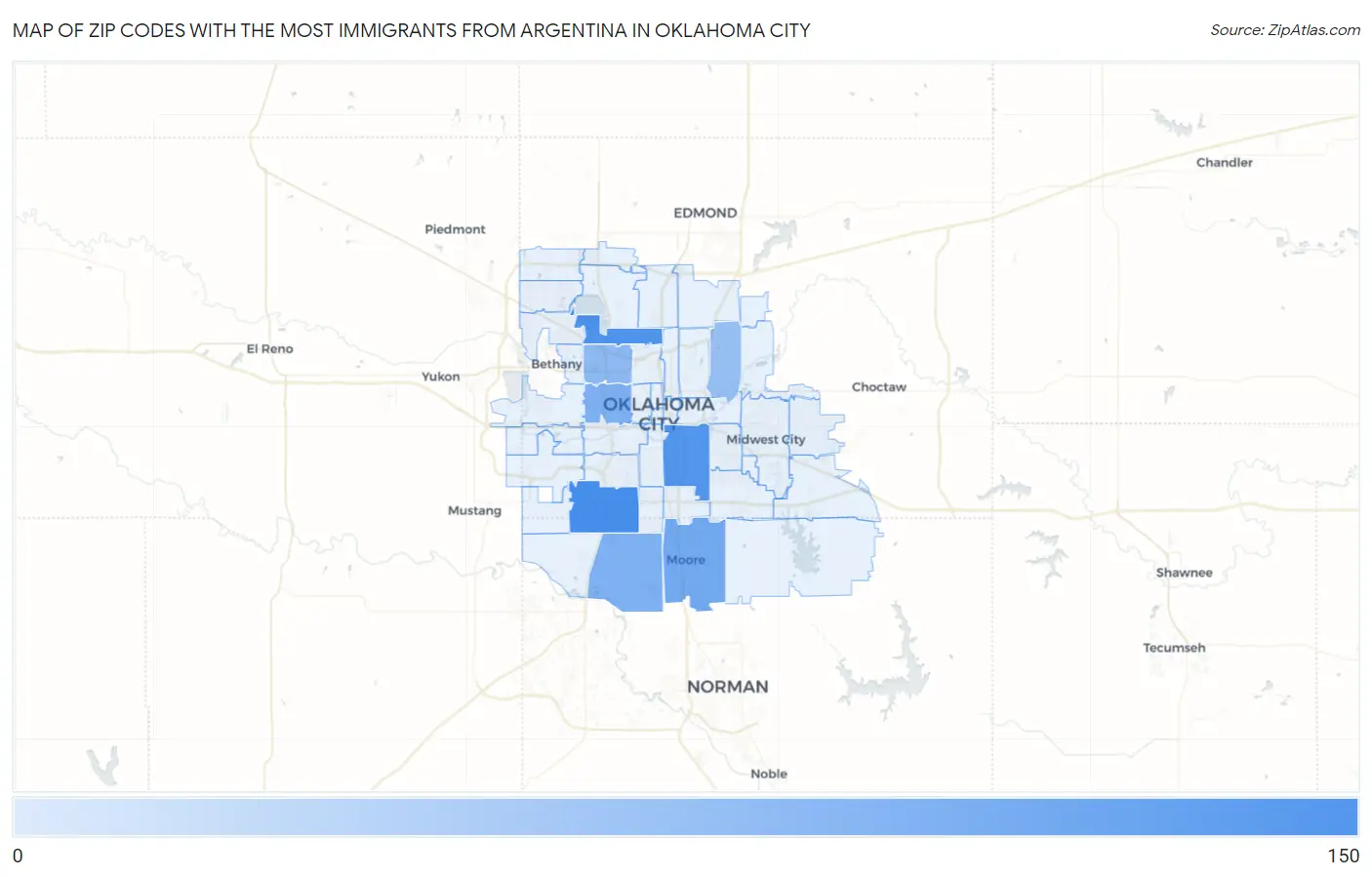 Zip Codes with the Most Immigrants from Argentina in Oklahoma City Map