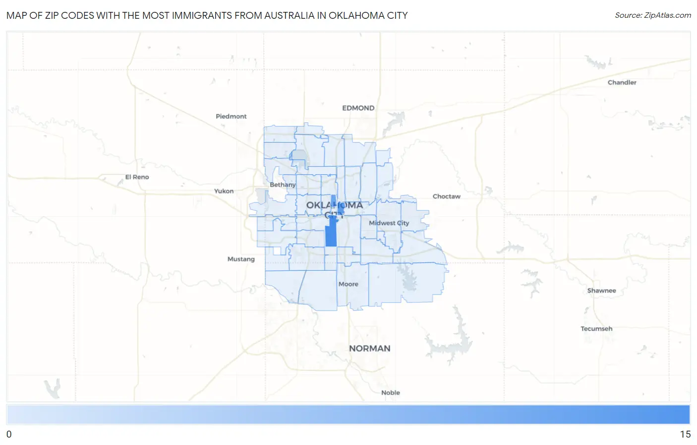 Zip Codes with the Most Immigrants from Australia in Oklahoma City Map