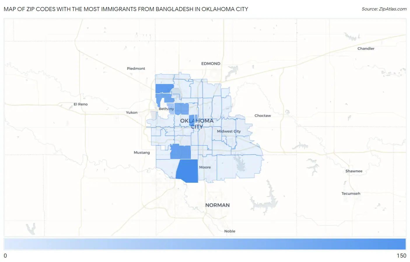 Zip Codes with the Most Immigrants from Bangladesh in Oklahoma City Map