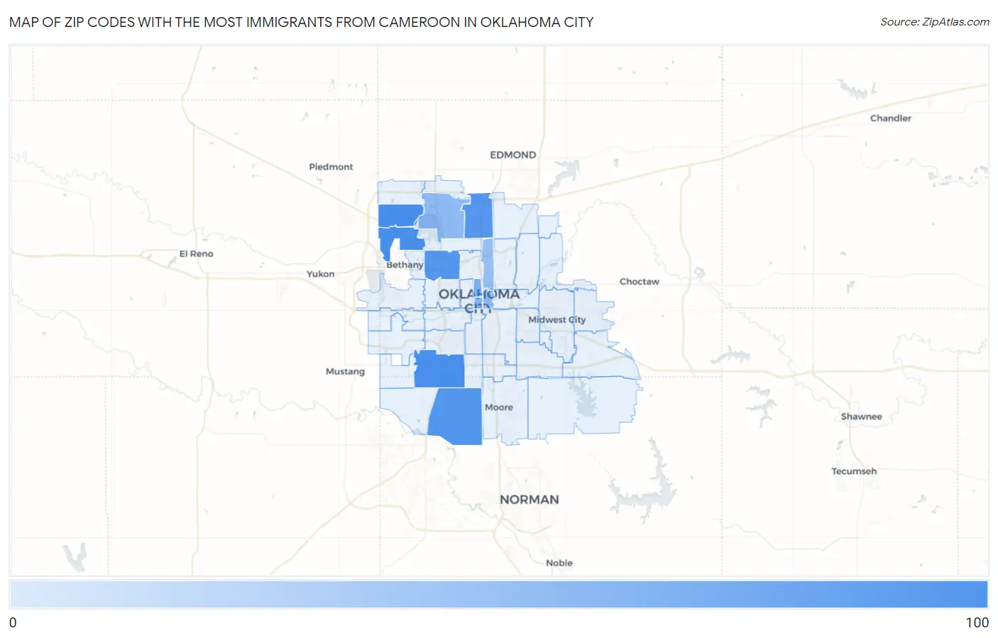 Zip Codes with the Most Immigrants from Cameroon in Oklahoma City Map