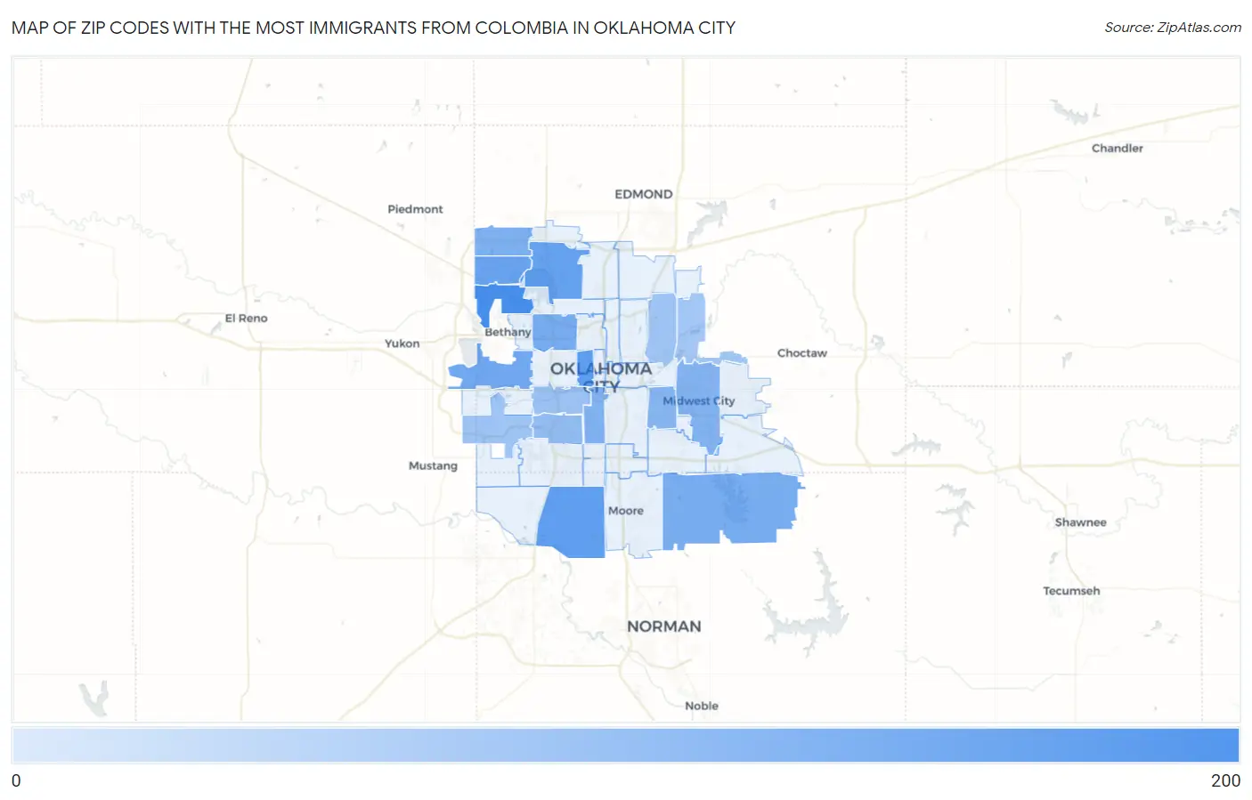 Zip Codes with the Most Immigrants from Colombia in Oklahoma City Map
