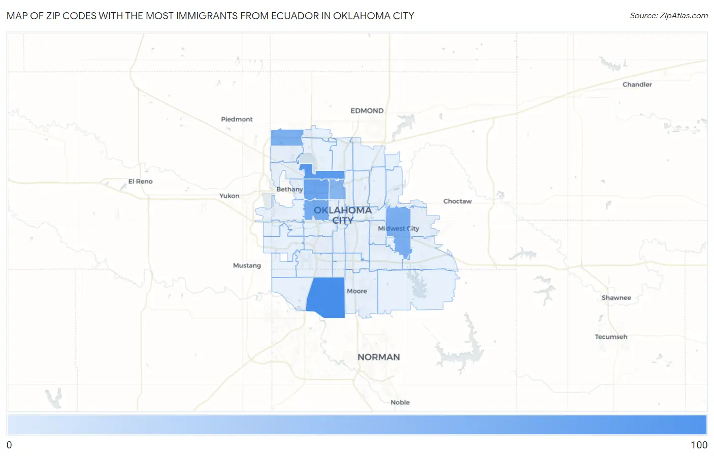 Zip Codes with the Most Immigrants from Ecuador in Oklahoma City Map