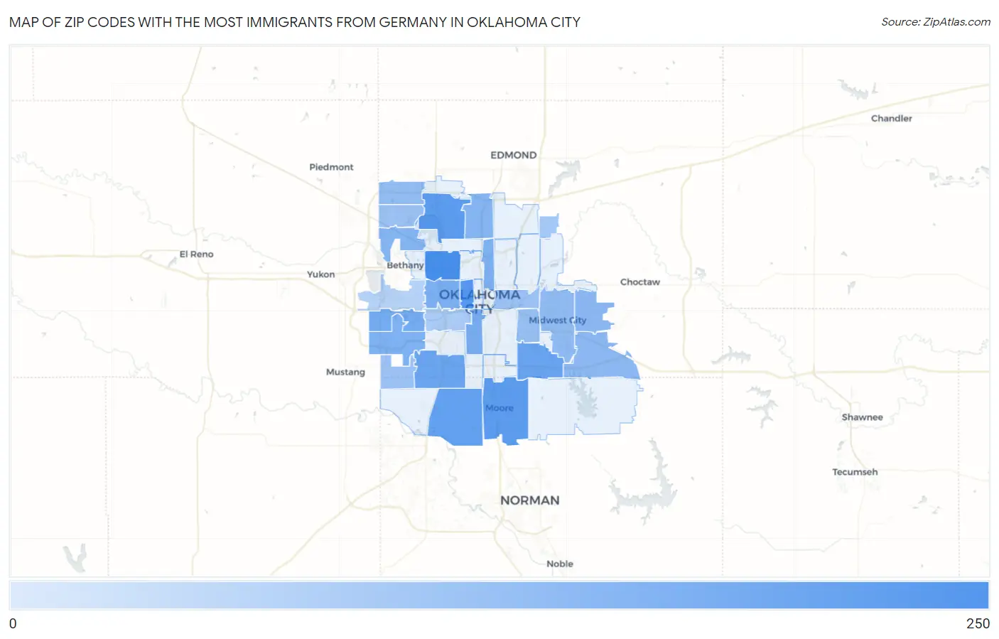 Zip Codes with the Most Immigrants from Germany in Oklahoma City Map