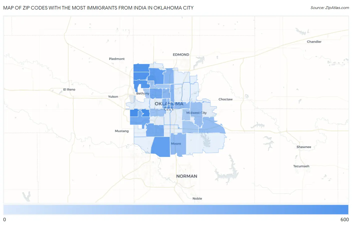 Zip Codes with the Most Immigrants from India in Oklahoma City Map