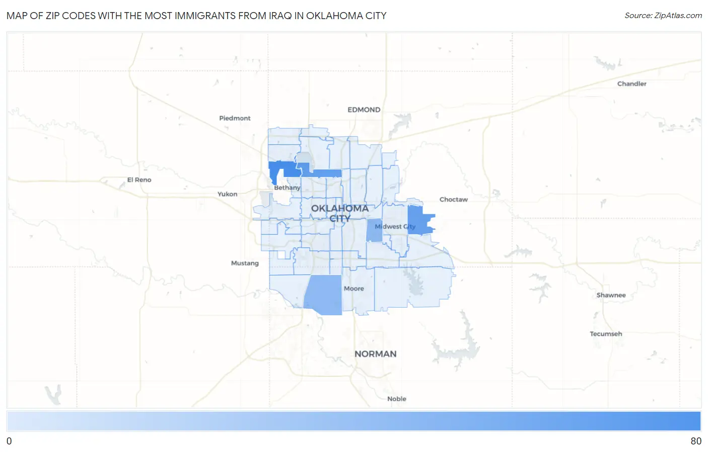 Zip Codes with the Most Immigrants from Iraq in Oklahoma City Map