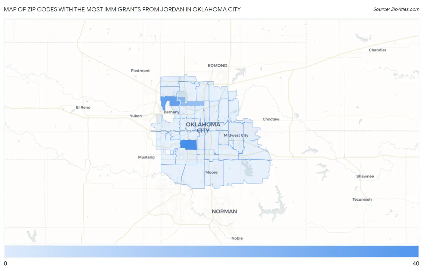 Zip Codes with the Most Immigrants from Jordan in Oklahoma City Map