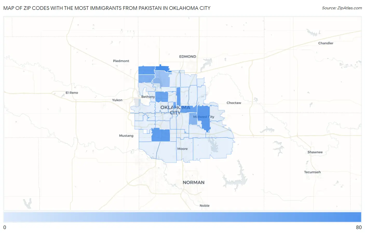 Zip Codes with the Most Immigrants from Pakistan in Oklahoma City Map