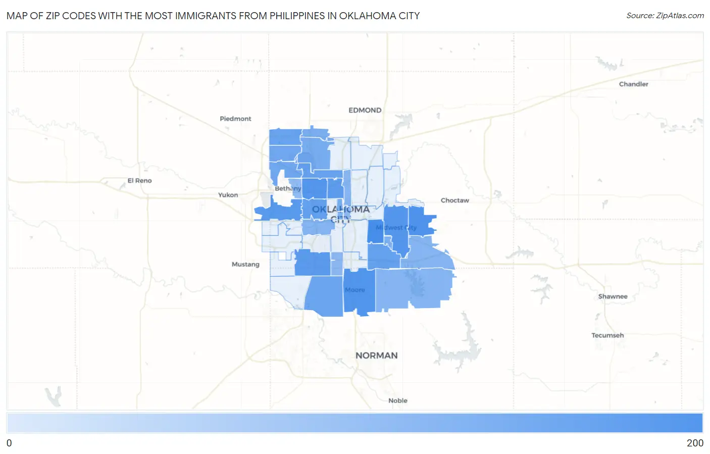 Zip Codes with the Most Immigrants from Philippines in Oklahoma City Map