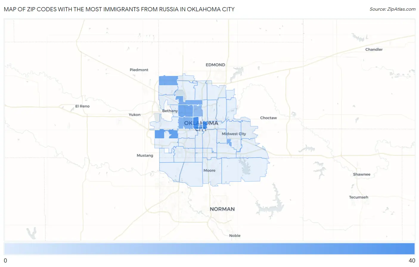 Zip Codes with the Most Immigrants from Russia in Oklahoma City Map