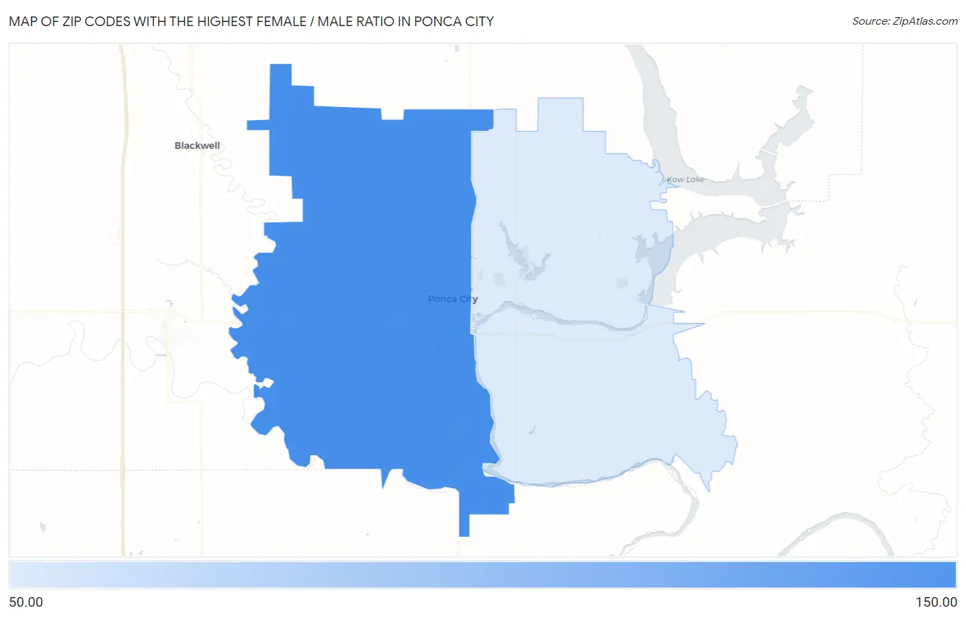 Zip Codes with the Highest Female / Male Ratio in Ponca City Map