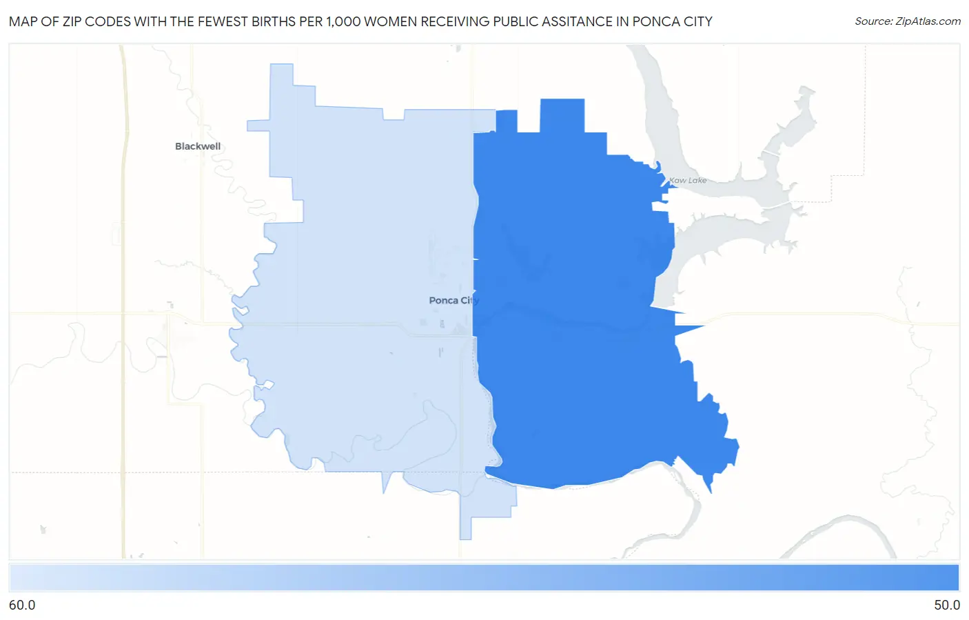Zip Codes with the Fewest Births per 1,000 Women Receiving Public Assitance in Ponca City Map