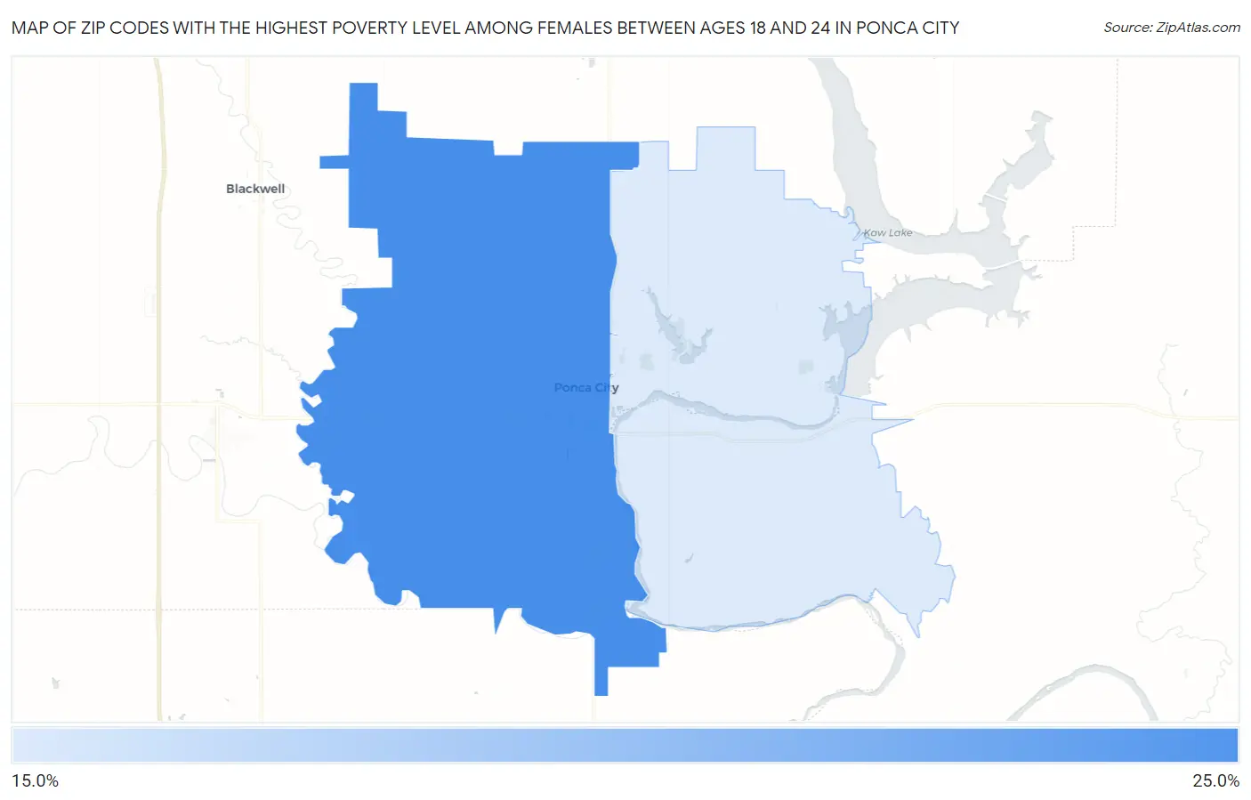 Zip Codes with the Highest Poverty Level Among Females Between Ages 18 and 24 in Ponca City Map