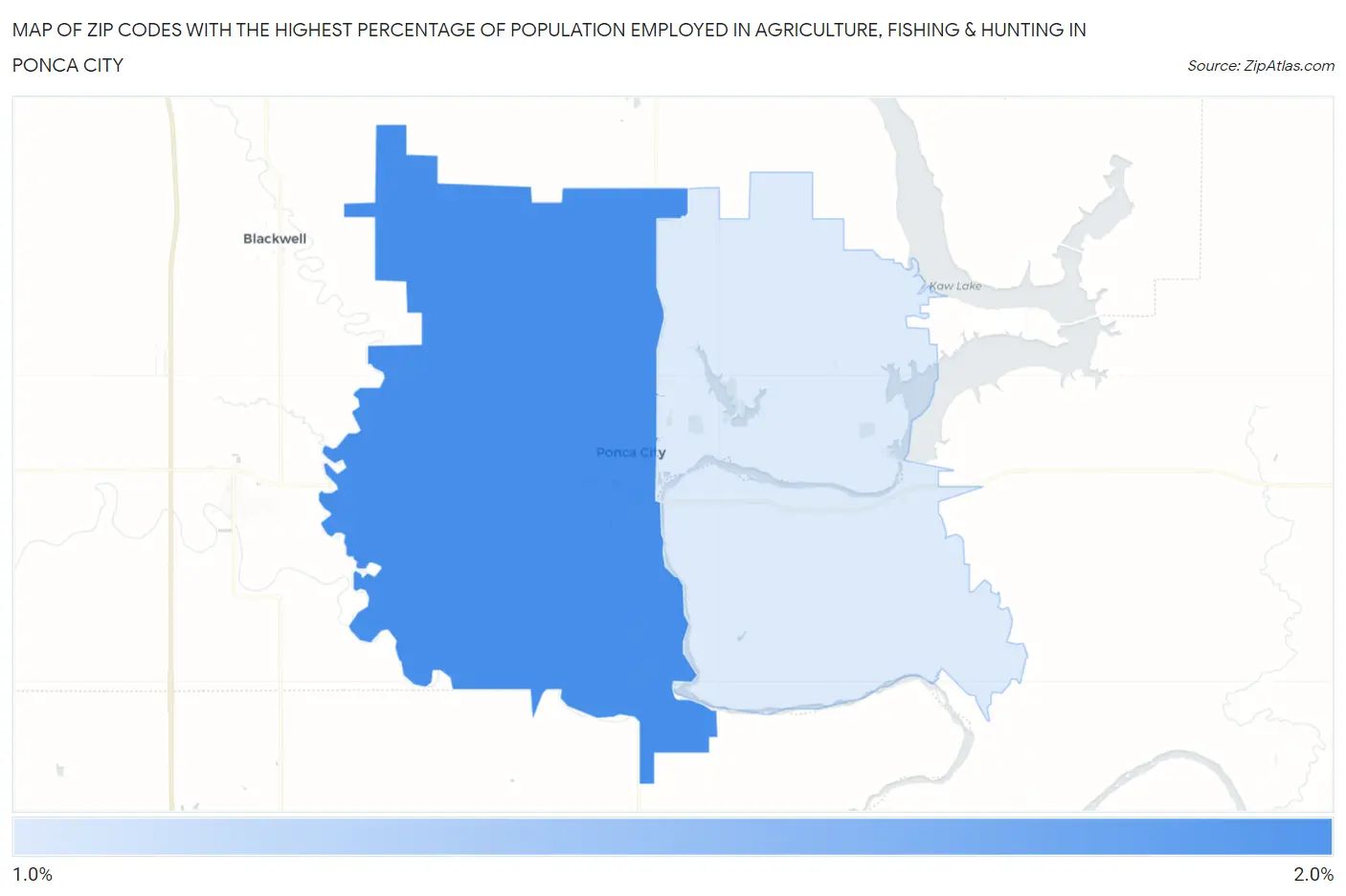 Zip Codes with the Highest Percentage of Population Employed in Agriculture, Fishing & Hunting in Ponca City Map