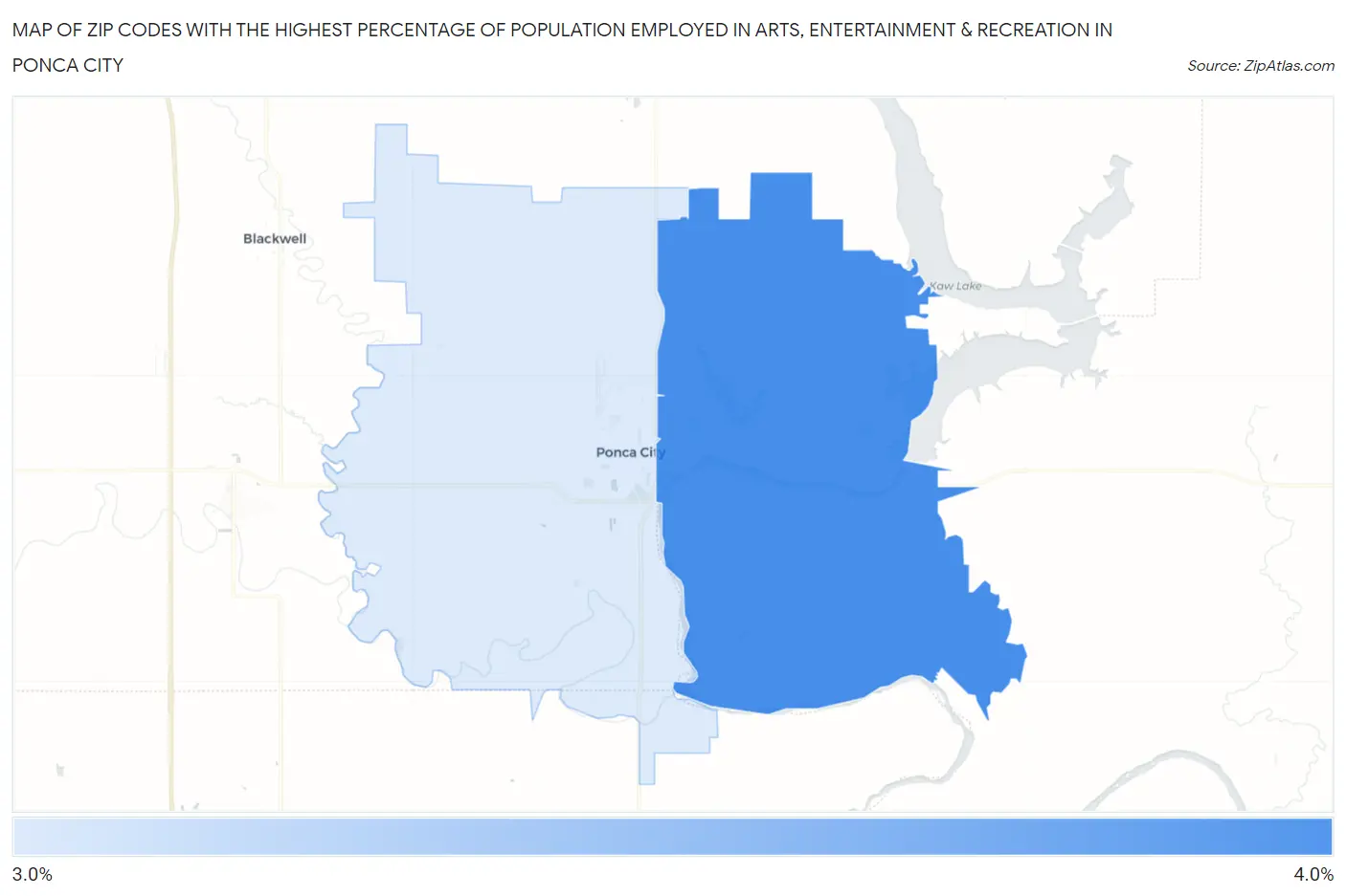 Zip Codes with the Highest Percentage of Population Employed in Arts, Entertainment & Recreation in Ponca City Map