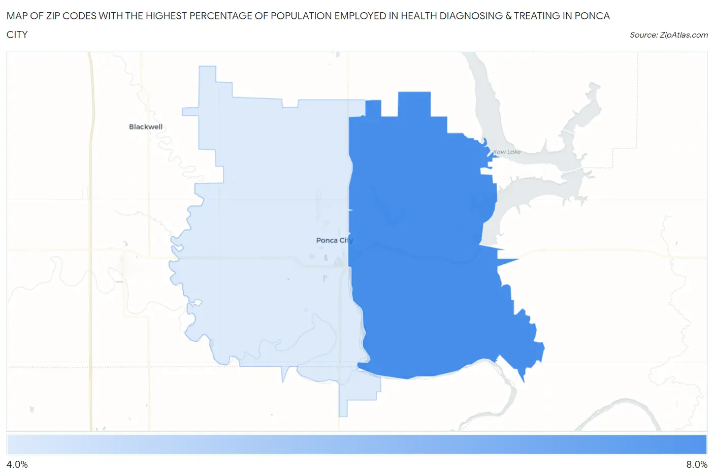 Zip Codes with the Highest Percentage of Population Employed in Health Diagnosing & Treating in Ponca City Map