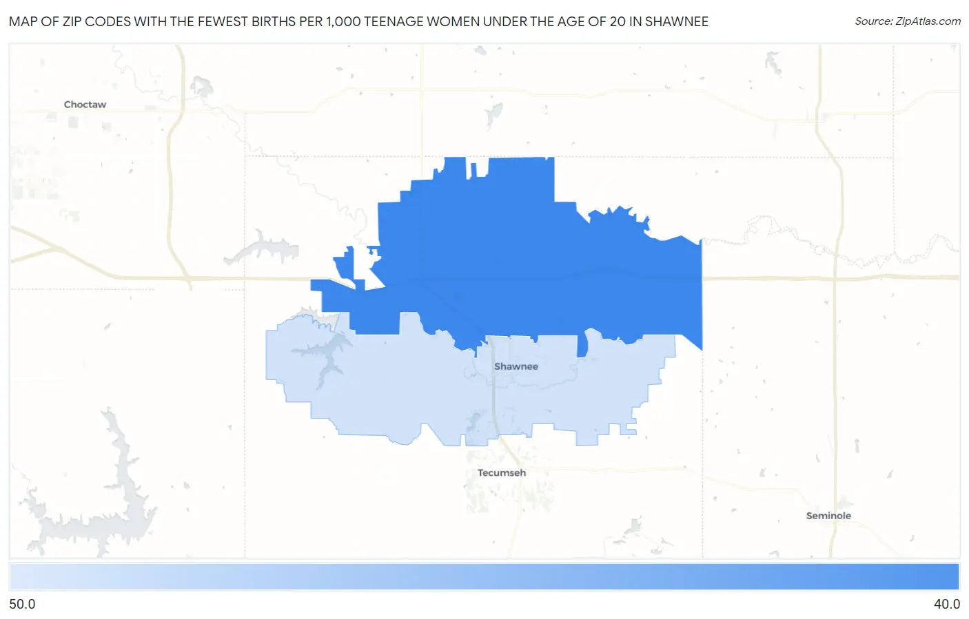 Zip Codes with the Fewest Births per 1,000 Teenage Women Under the Age of 20 in Shawnee Map
