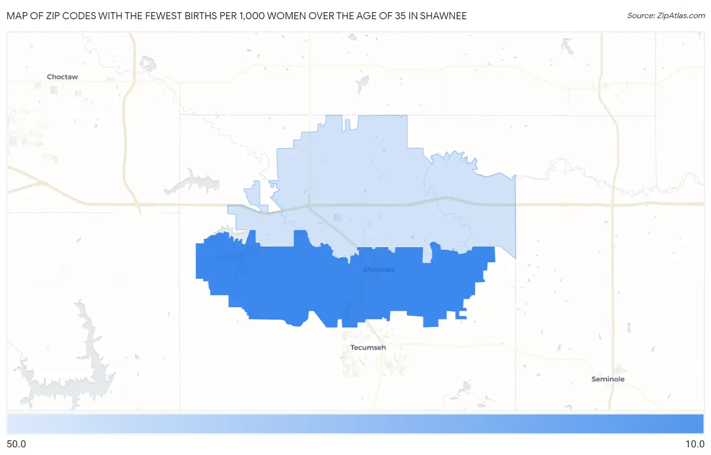 Zip Codes with the Fewest Births per 1,000 Women Over the Age of 35 in Shawnee Map