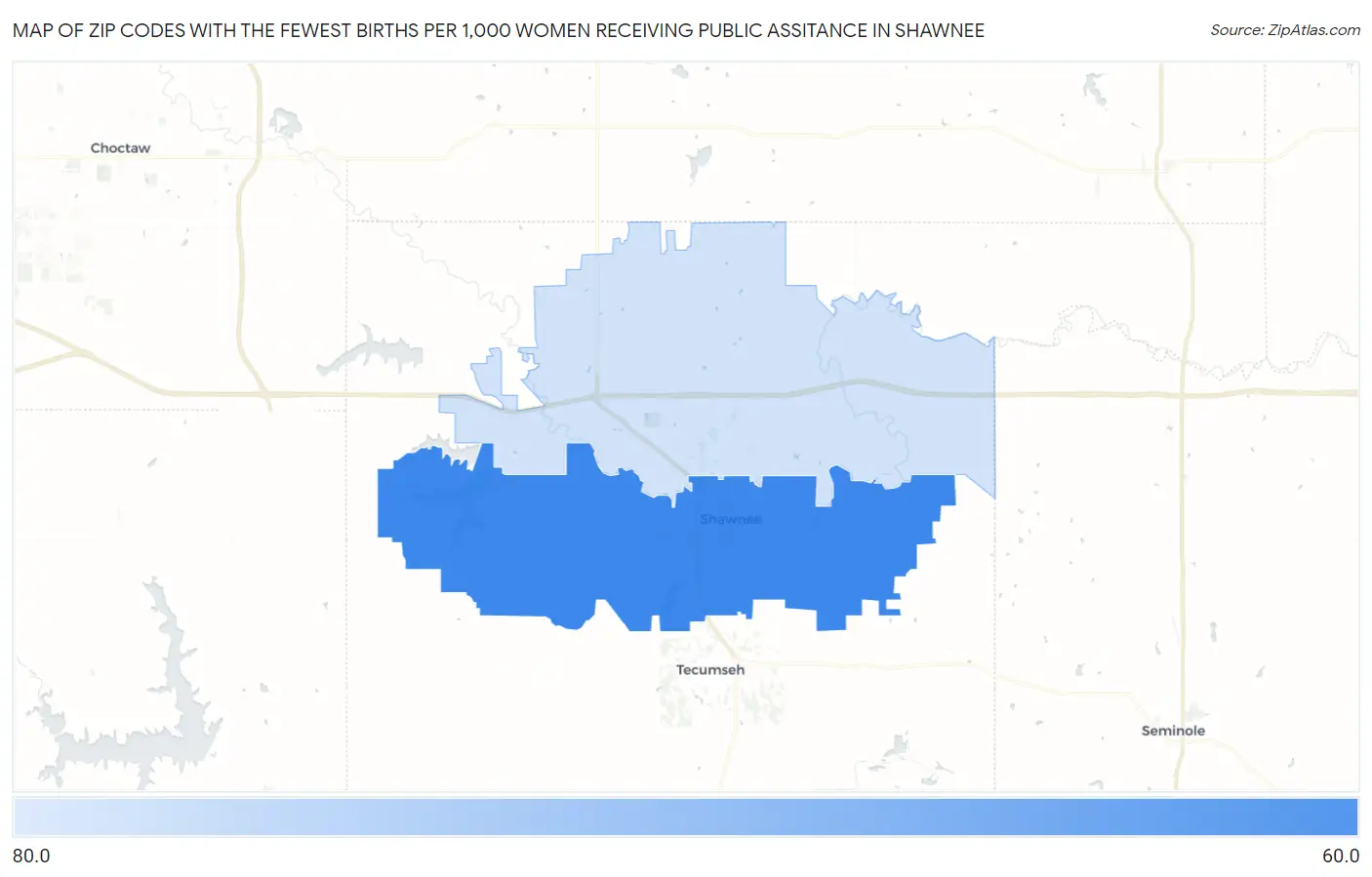 Zip Codes with the Fewest Births per 1,000 Women Receiving Public Assitance in Shawnee Map