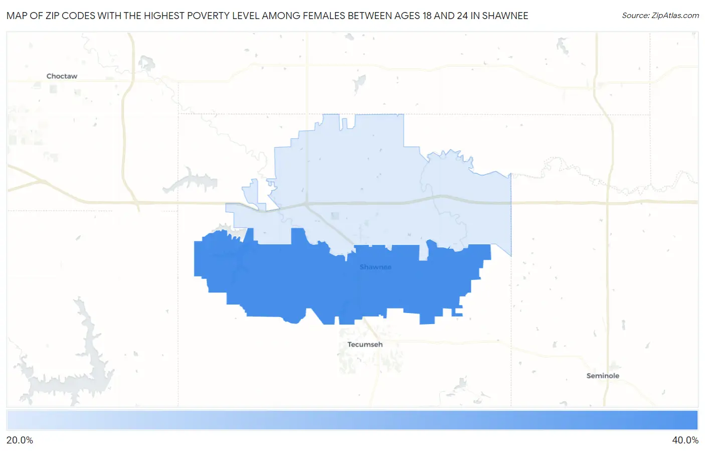 Zip Codes with the Highest Poverty Level Among Females Between Ages 18 and 24 in Shawnee Map