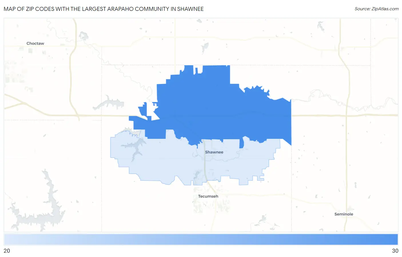 Zip Codes with the Largest Arapaho Community in Shawnee Map