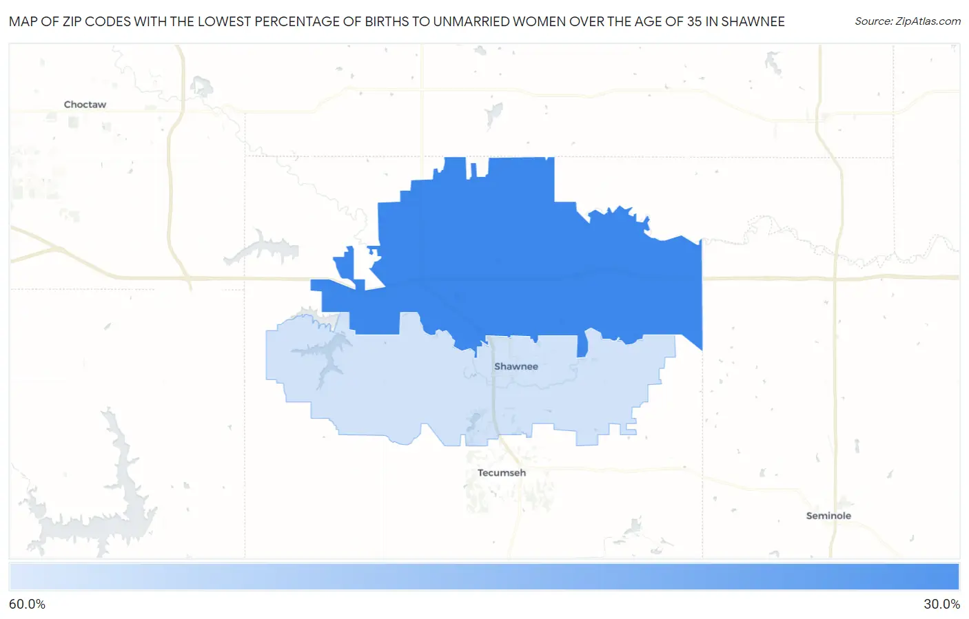 Zip Codes with the Lowest Percentage of Births to Unmarried Women over the Age of 35 in Shawnee Map