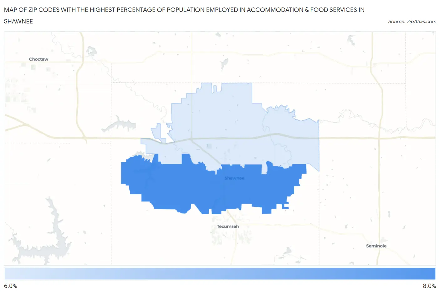 Zip Codes with the Highest Percentage of Population Employed in Accommodation & Food Services in Shawnee Map