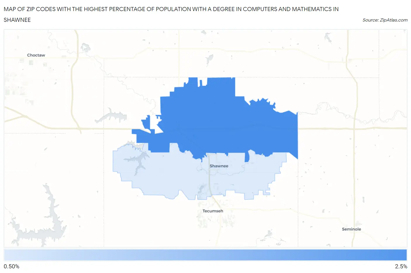 Zip Codes with the Highest Percentage of Population with a Degree in Computers and Mathematics in Shawnee Map