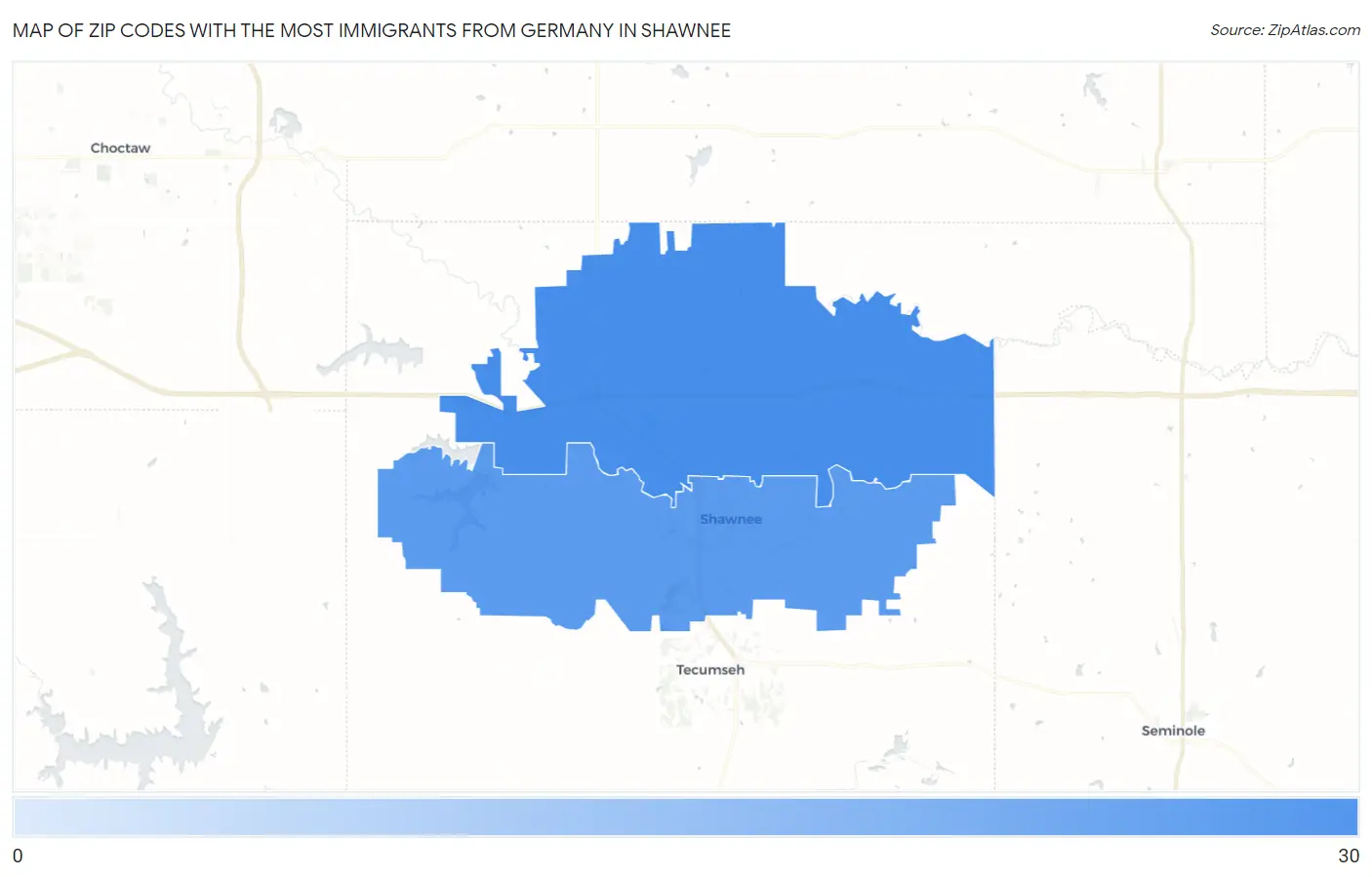 Zip Codes with the Most Immigrants from Germany in Shawnee Map