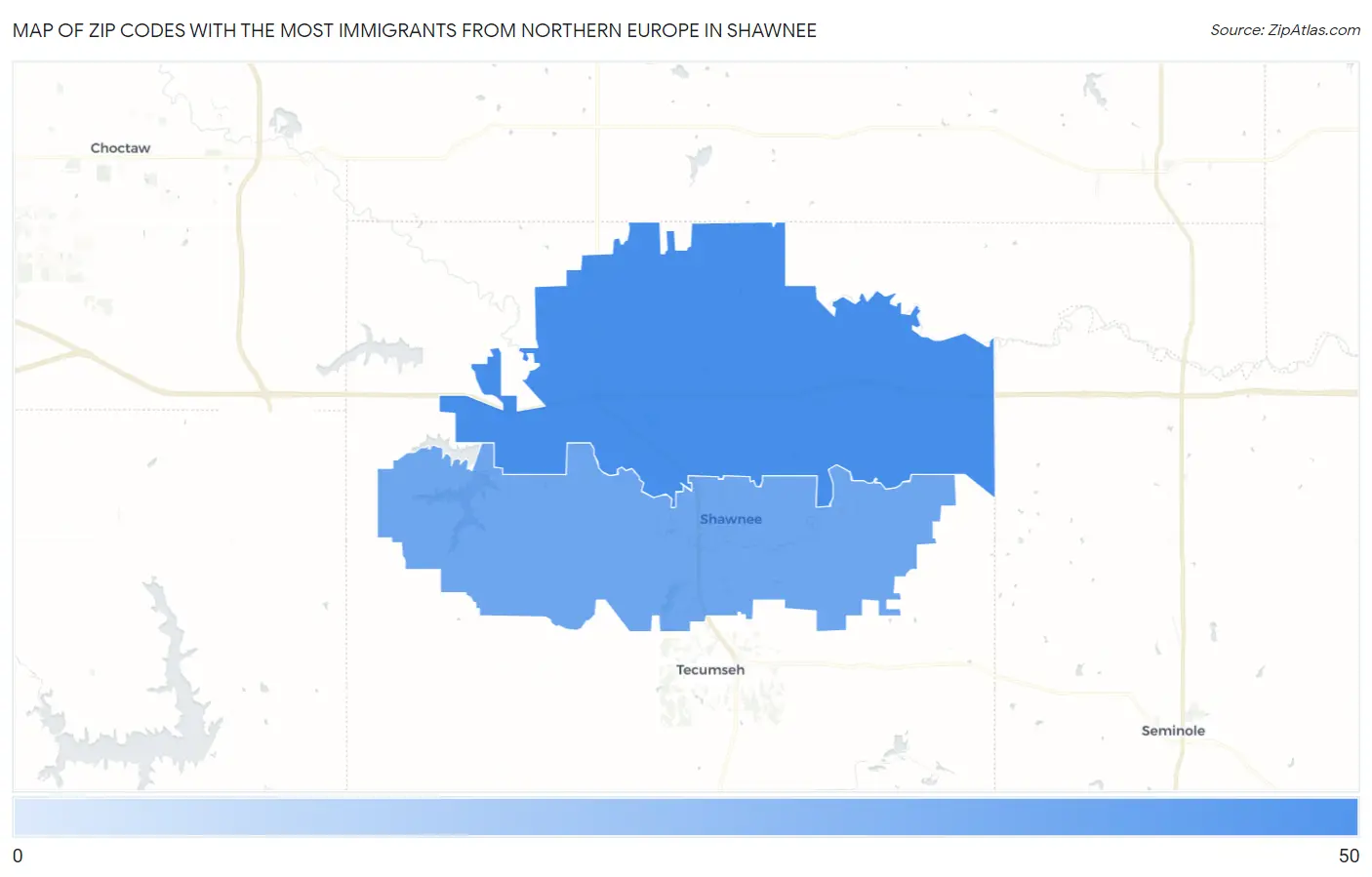 Zip Codes with the Most Immigrants from Northern Europe in Shawnee Map