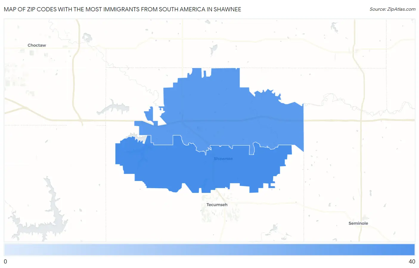 Zip Codes with the Most Immigrants from South America in Shawnee Map