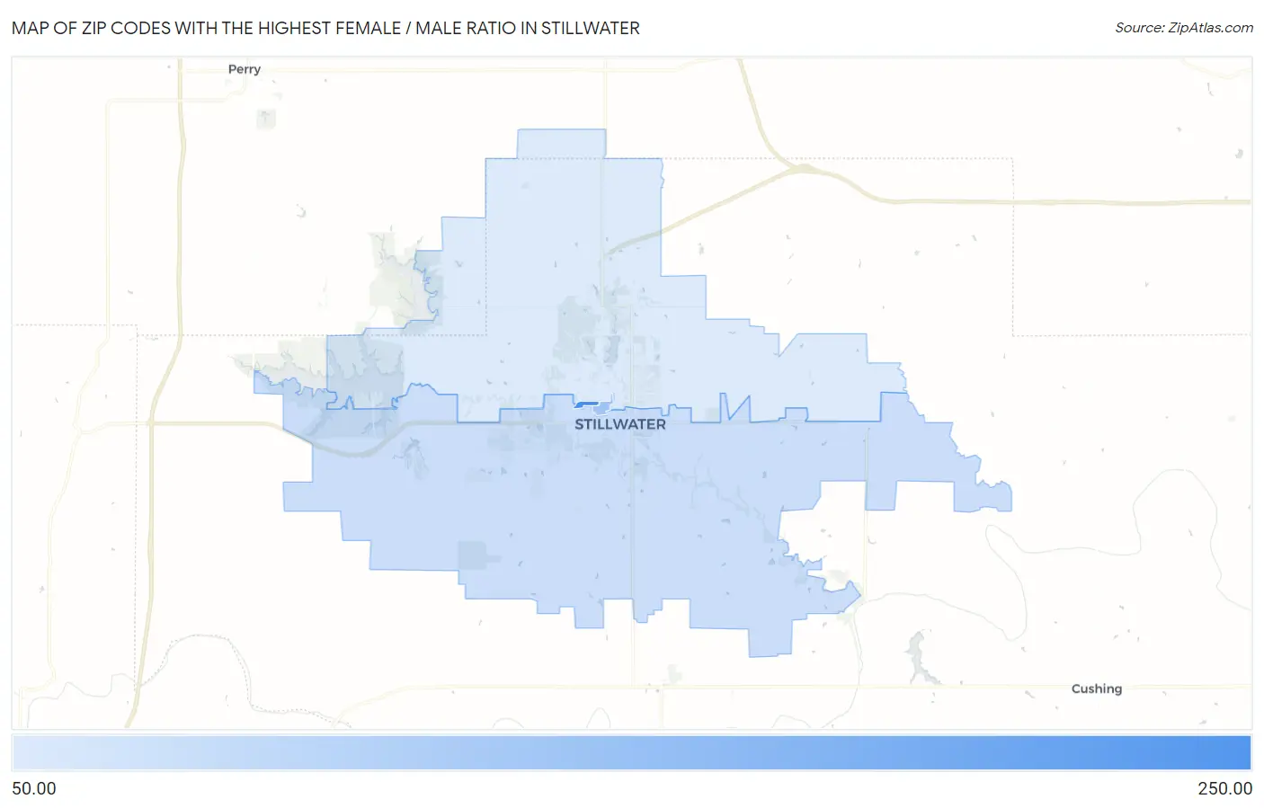 Zip Codes with the Highest Female / Male Ratio in Stillwater Map