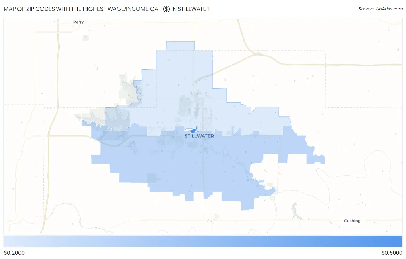 Zip Codes with the Highest Wage/Income Gap ($) in Stillwater Map