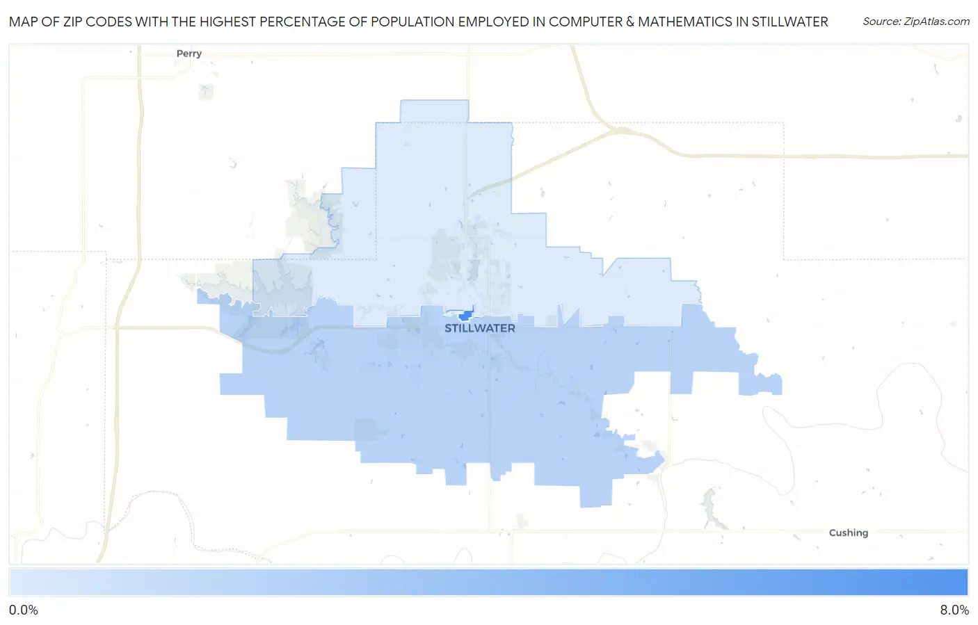 Zip Codes with the Highest Percentage of Population Employed in Computer & Mathematics in Stillwater Map