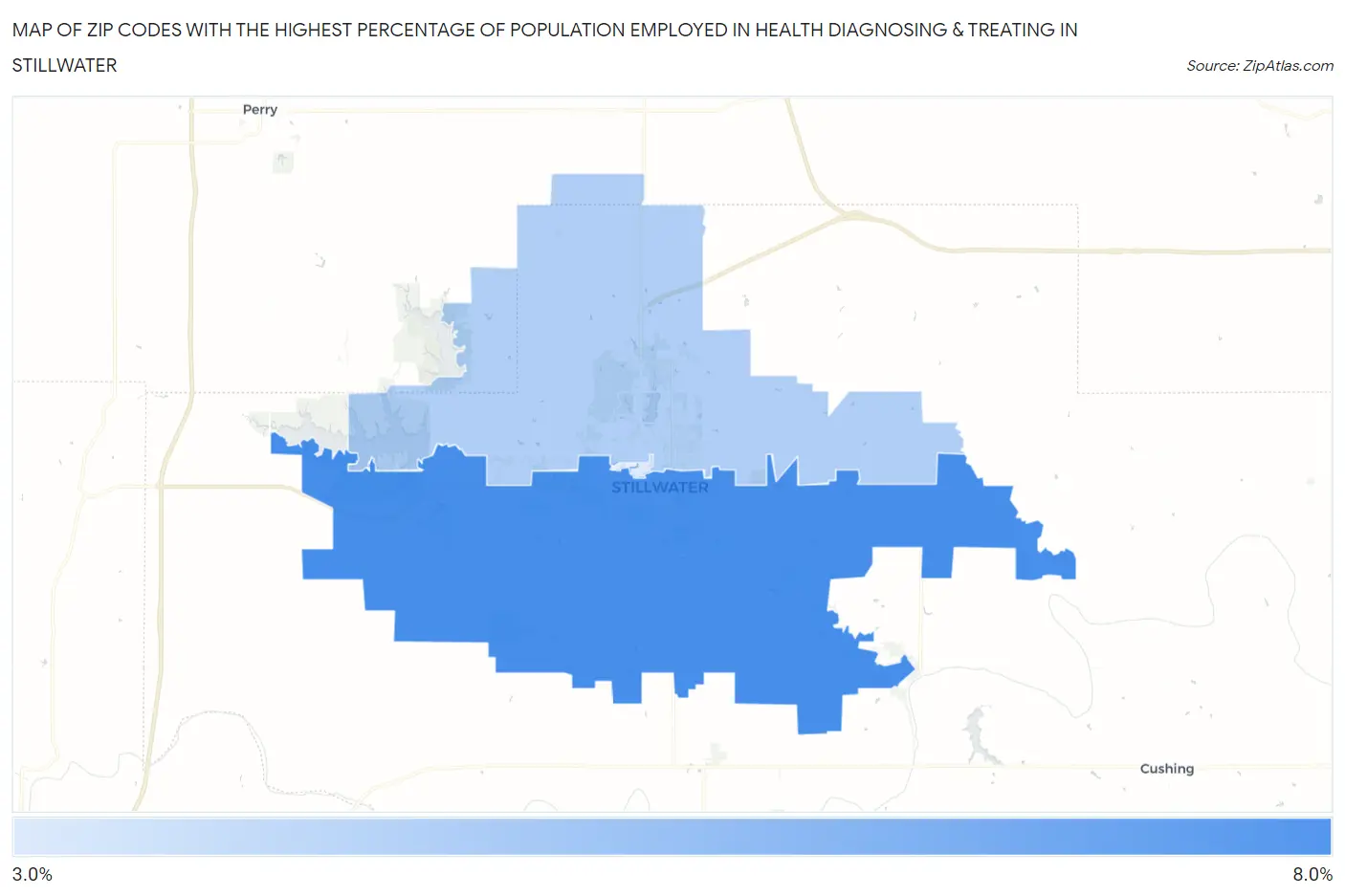Zip Codes with the Highest Percentage of Population Employed in Health Diagnosing & Treating in Stillwater Map