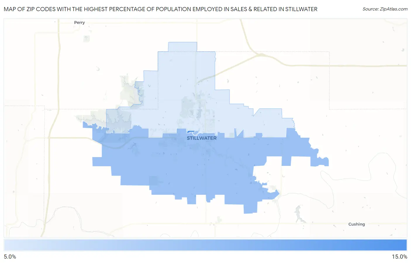 Zip Codes with the Highest Percentage of Population Employed in Sales & Related in Stillwater Map