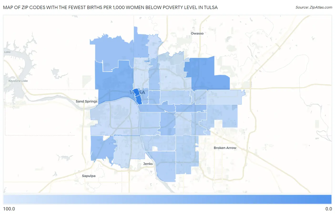 Zip Codes with the Fewest Births per 1,000 Women Below Poverty Level in Tulsa Map