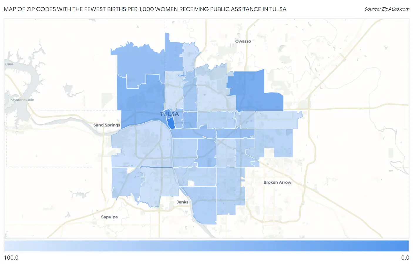 Zip Codes with the Fewest Births per 1,000 Women Receiving Public Assitance in Tulsa Map