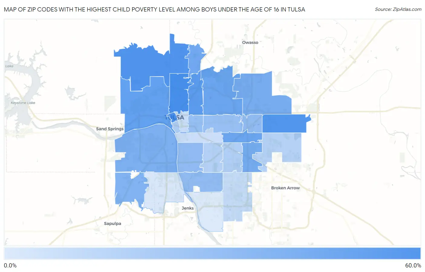 Zip Codes with the Highest Child Poverty Level Among Boys Under the Age of 16 in Tulsa Map